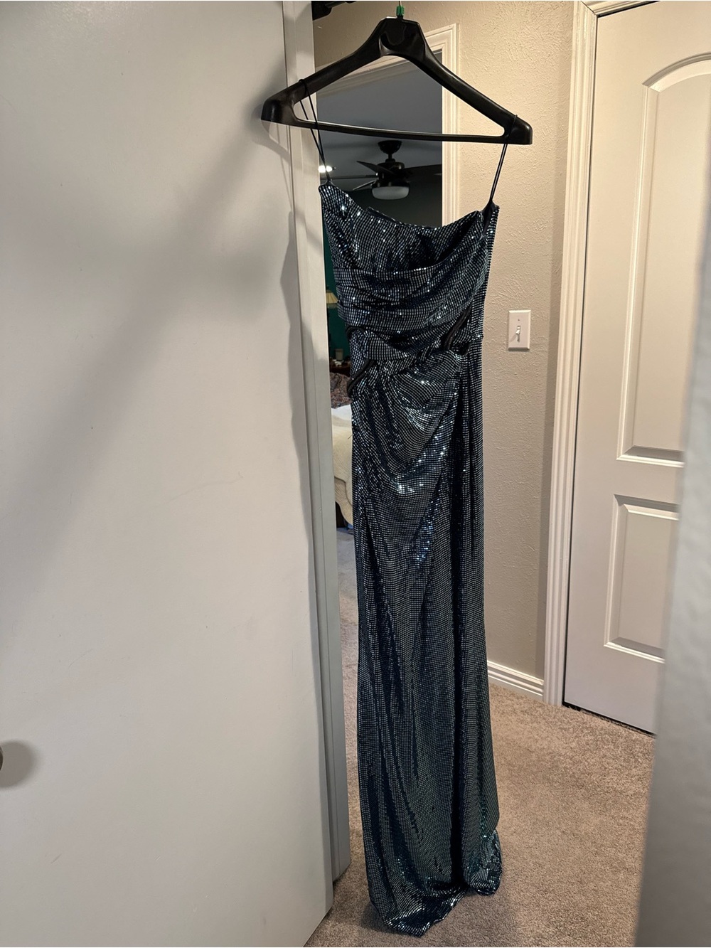 Theia Blue Sequin Floor-Length Evening Gown